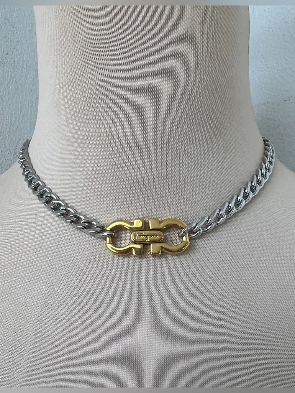 Custom Vintage Two-tone Ferragamo Necklace Silver Gold Curb Chain Choker | 15”